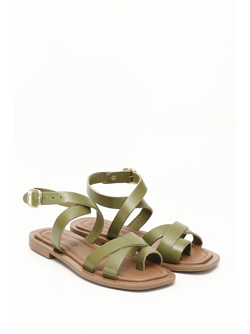 Yeşil Kadın YEŞİL Parmak Arası Bilek Bağlı Hakiki Deri Sandalet-1