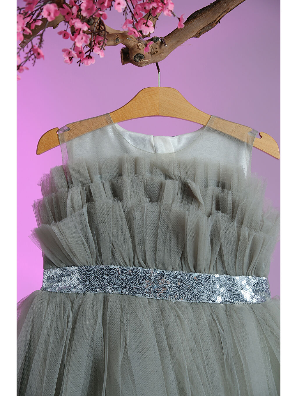 Mavi Gümüş Simli Kemer Detaylı Kız Çocuk Abiye ABY.2216-1