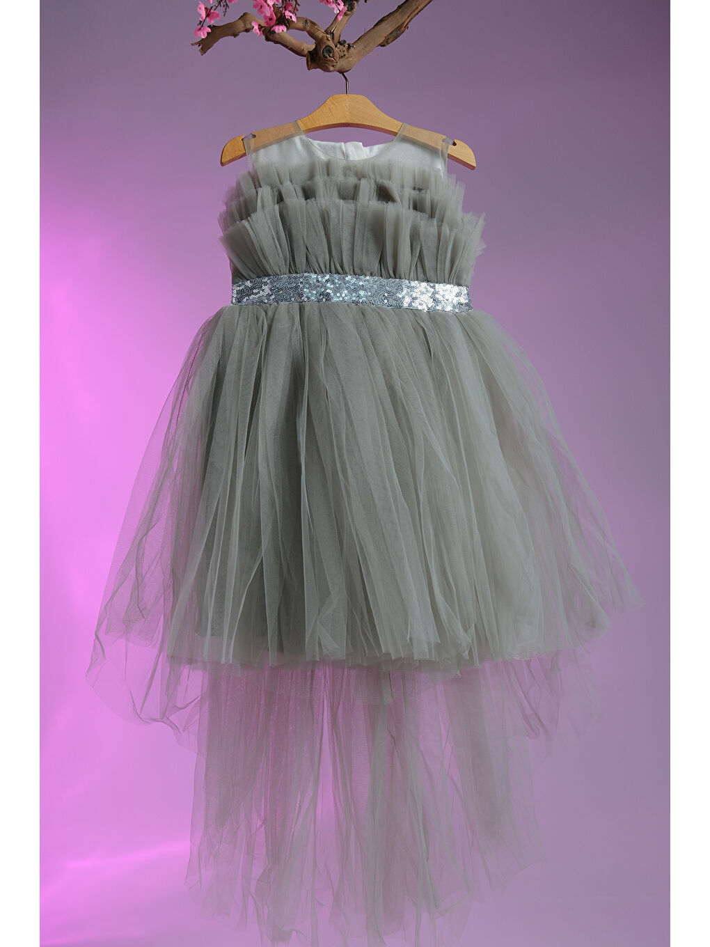 Mavi Gümüş Simli Kemer Detaylı Kız Çocuk Abiye ABY.2216-2