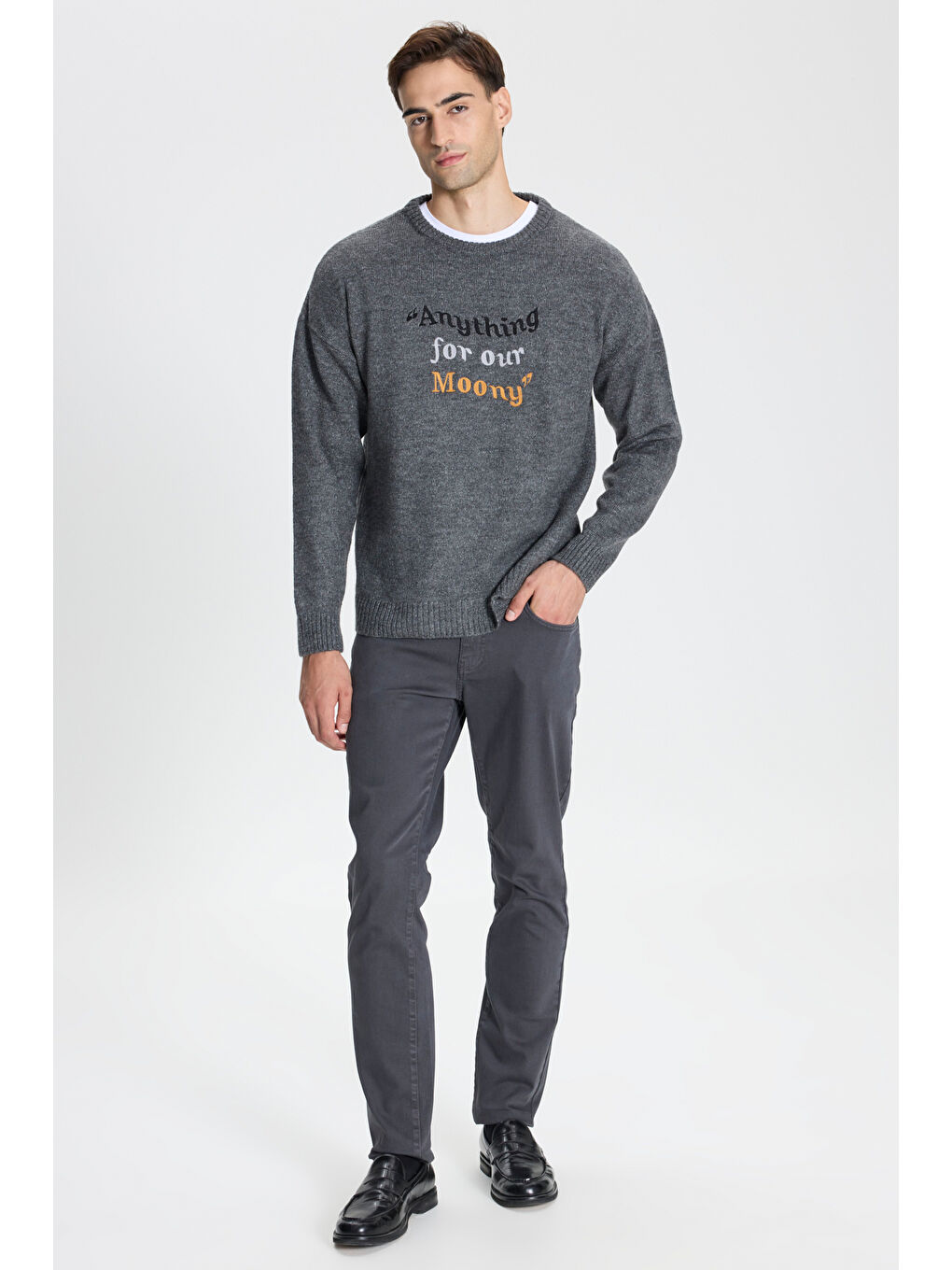 Erkek Gri Melanj Oversize Bol Kesim Bisiklet Yaka Desenli Triko Kazak-1