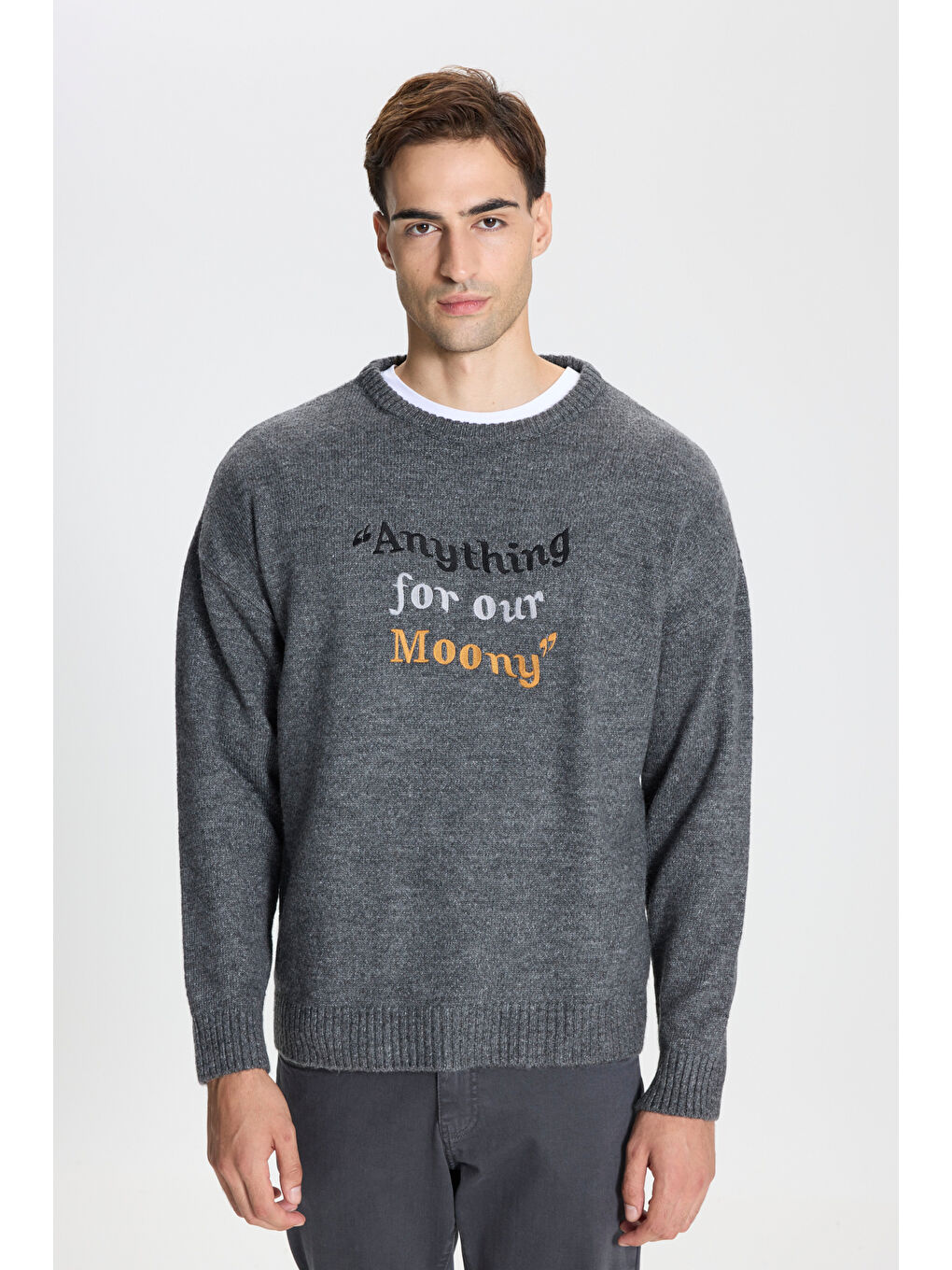 Erkek Gri Melanj Oversize Bol Kesim Bisiklet Yaka Desenli Triko Kazak-2