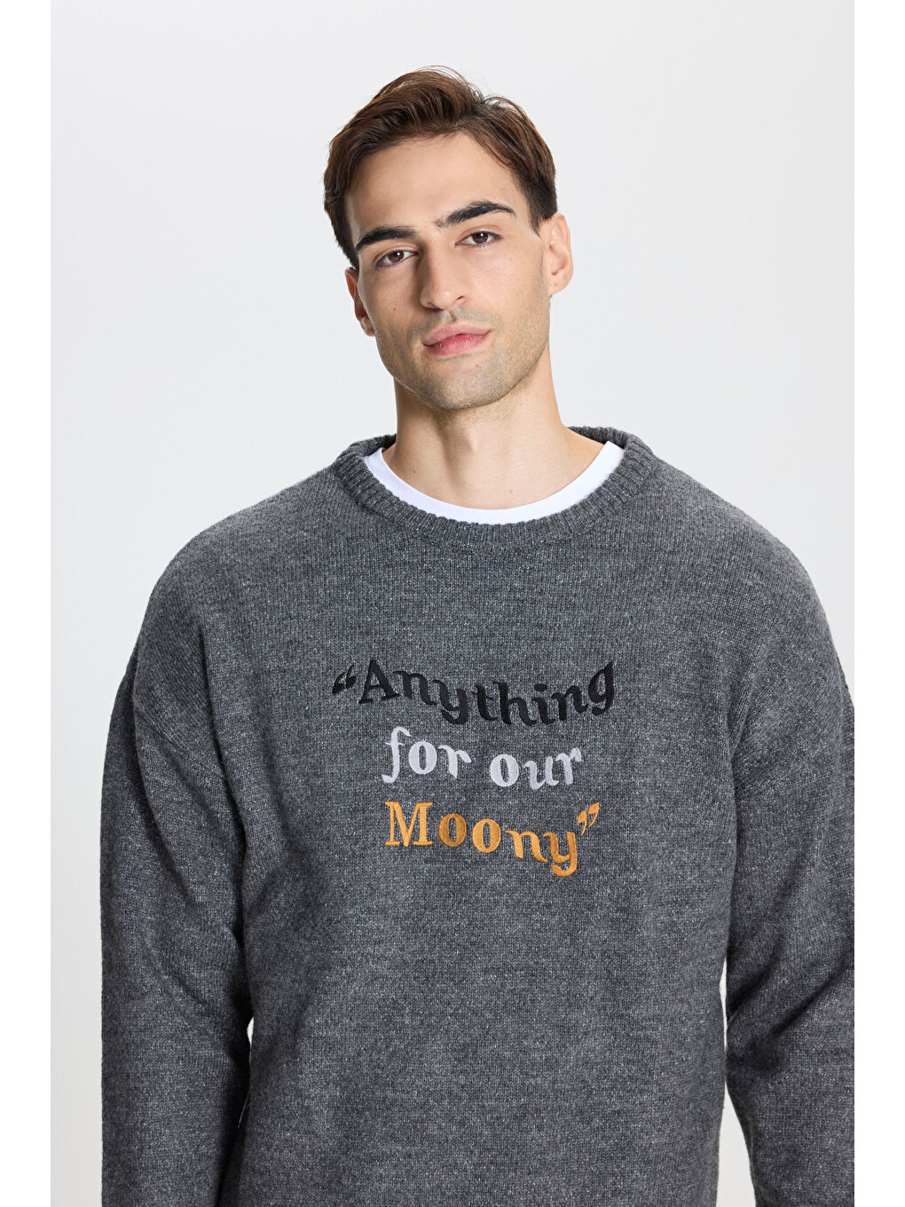 Erkek Gri Melanj Oversize Bol Kesim Bisiklet Yaka Desenli Triko Kazak-3