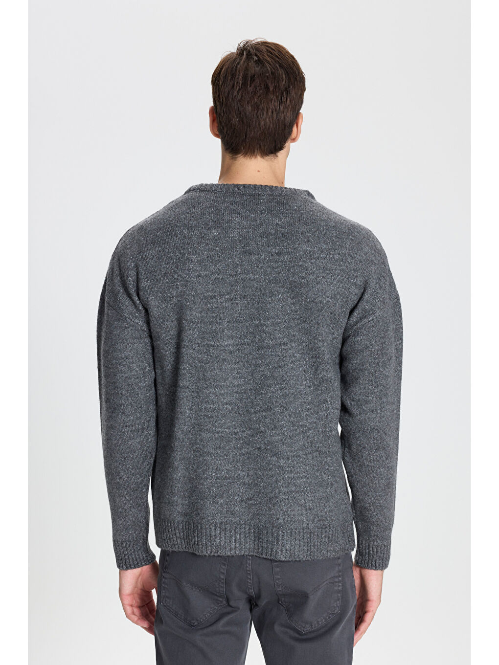 Erkek Gri Melanj Oversize Bol Kesim Bisiklet Yaka Desenli Triko Kazak-4