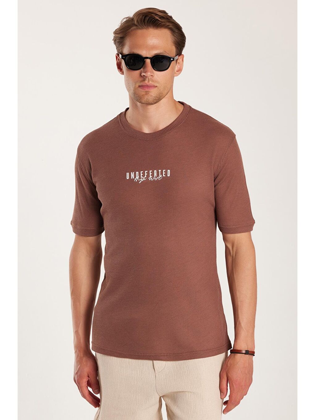 Pembe Erkek Standart Fit Pamuklu Düz Basic Bisiklet Yaka Baskılı Gül Kurusu Tişört-3