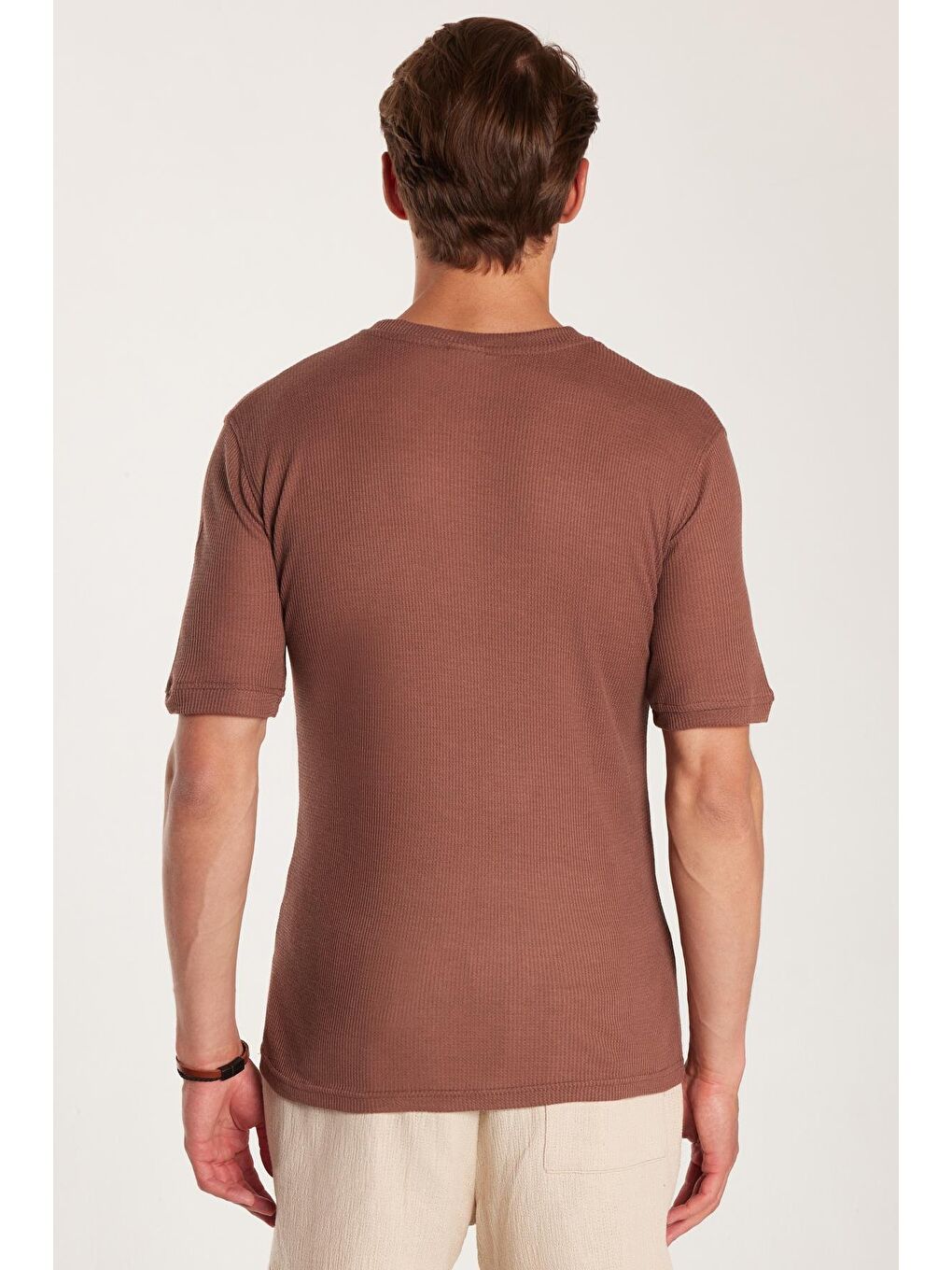 Pembe Erkek Standart Fit Pamuklu Düz Basic Bisiklet Yaka Baskılı Gül Kurusu Tişört-4