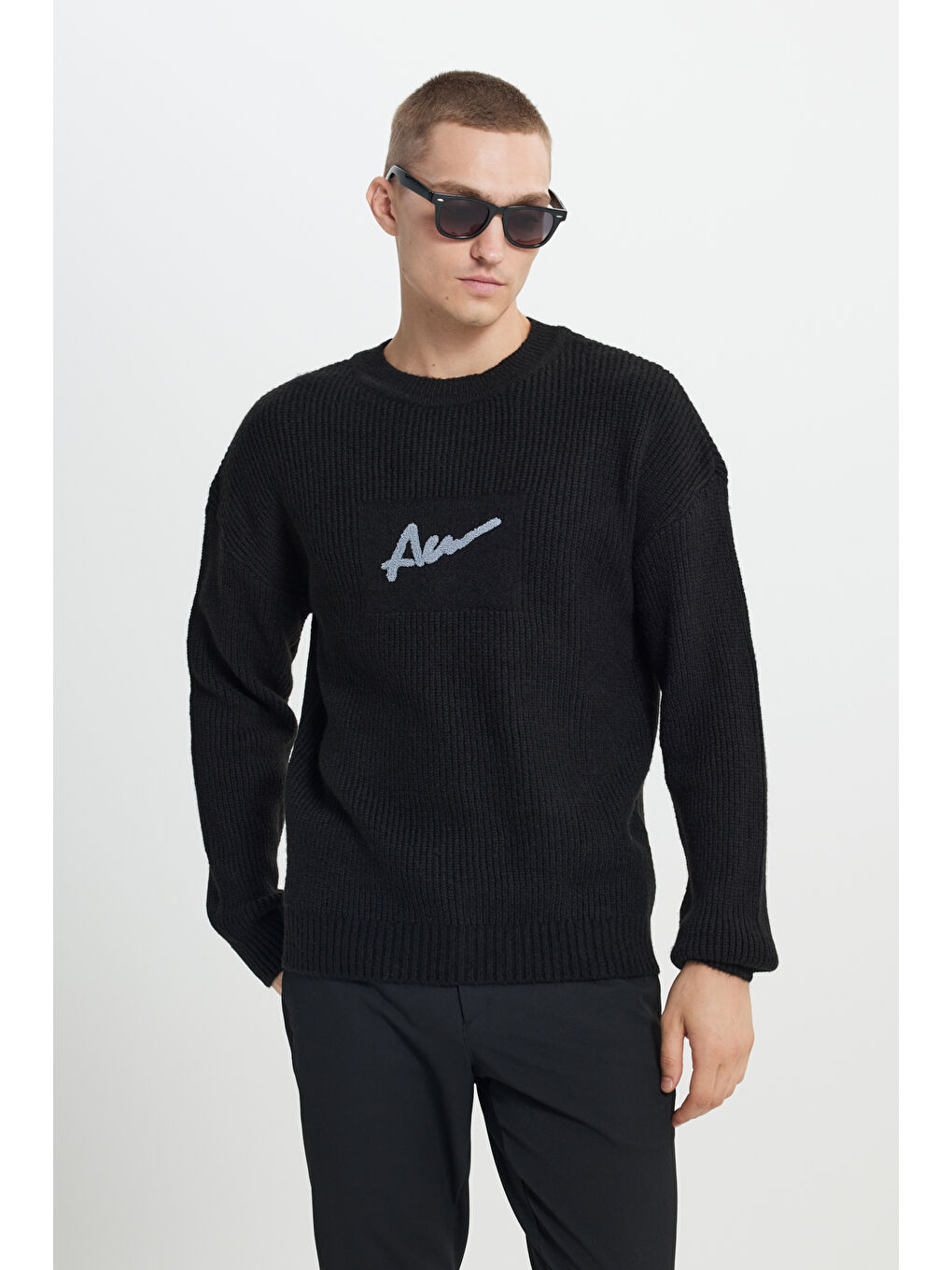 Erkek Siyah Oversize Geniş Kesim Bisiklet Yaka Selanik Örgü Desenli Triko Kazak