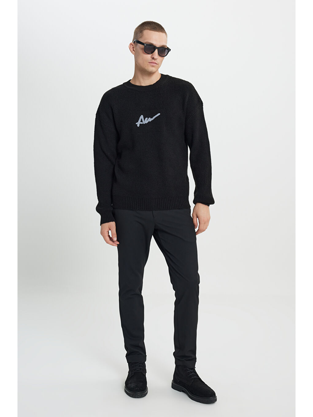 Erkek Siyah Oversize Geniş Kesim Bisiklet Yaka Selanik Örgü Desenli Triko Kazak-1