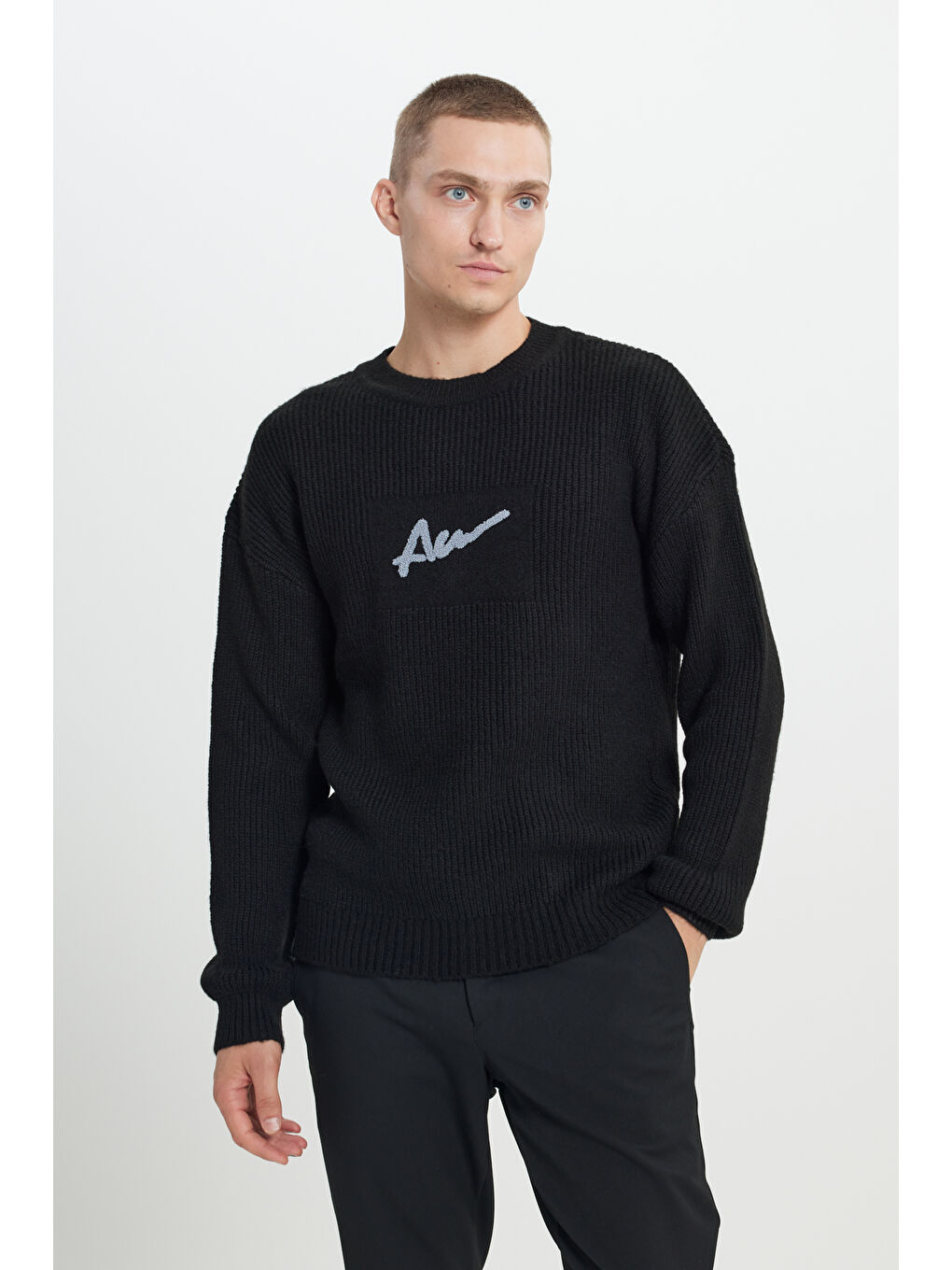 Erkek Siyah Oversize Geniş Kesim Bisiklet Yaka Selanik Örgü Desenli Triko Kazak-2