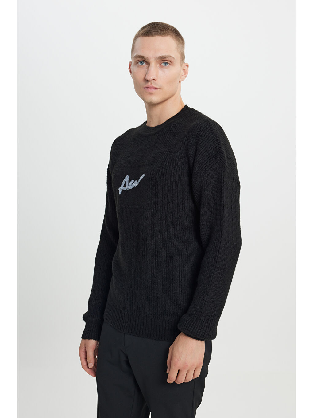 Erkek Siyah Oversize Geniş Kesim Bisiklet Yaka Selanik Örgü Desenli Triko Kazak-3