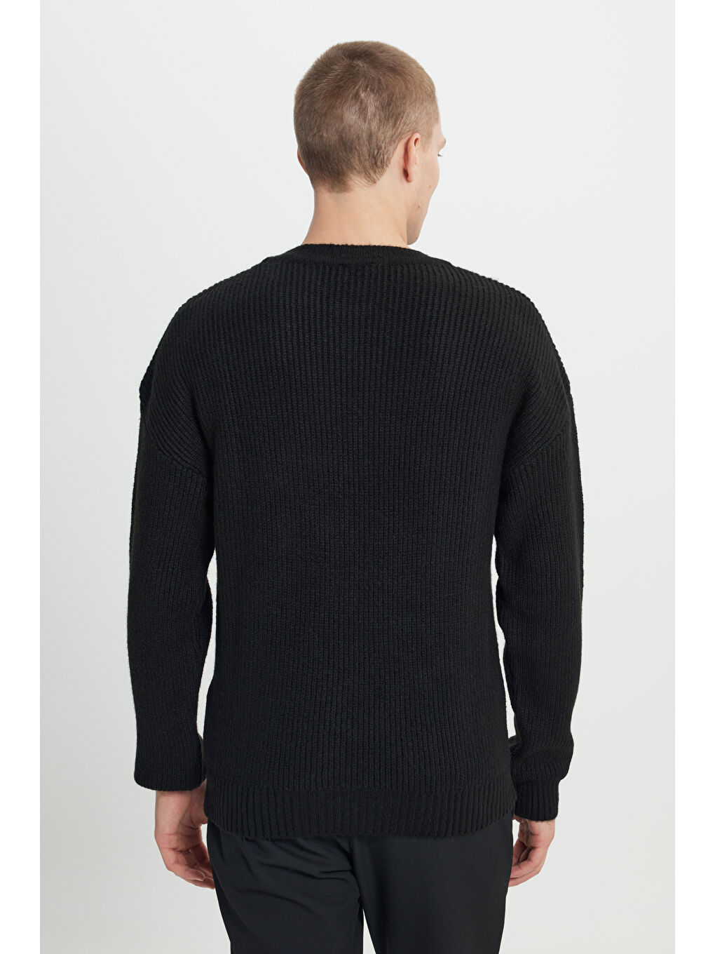 Erkek Siyah Oversize Geniş Kesim Bisiklet Yaka Selanik Örgü Desenli Triko Kazak-5