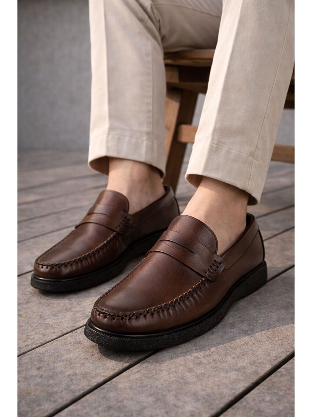 Kahverengi GENTZ Hakiki Deri Rahat Taban Erkek Günlük Klasik Loafer Ayakkabı-5