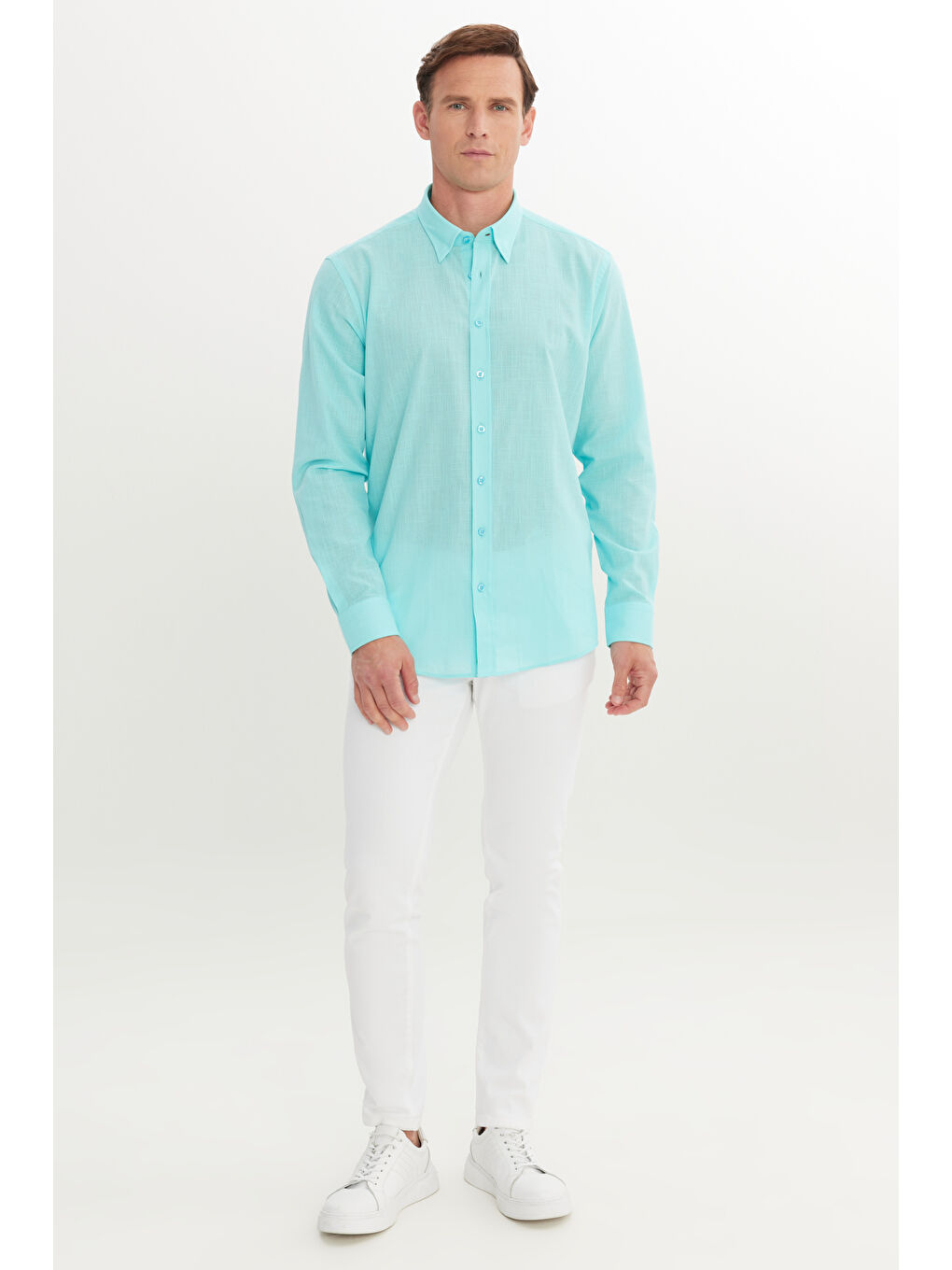 Erkek Turkuaz Comfort Fit Rahat Kesim Gizli Düğme Yaka %100 Pamuk Flamlı Gömlek-1