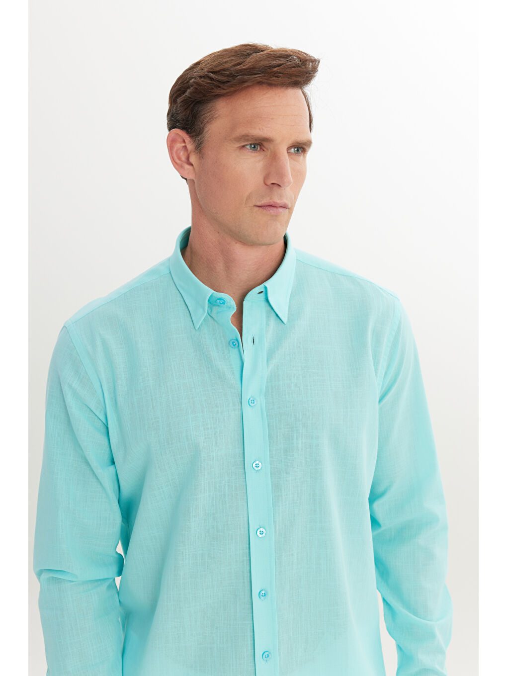 Erkek Turkuaz Comfort Fit Rahat Kesim Gizli Düğme Yaka %100 Pamuk Flamlı Gömlek-3