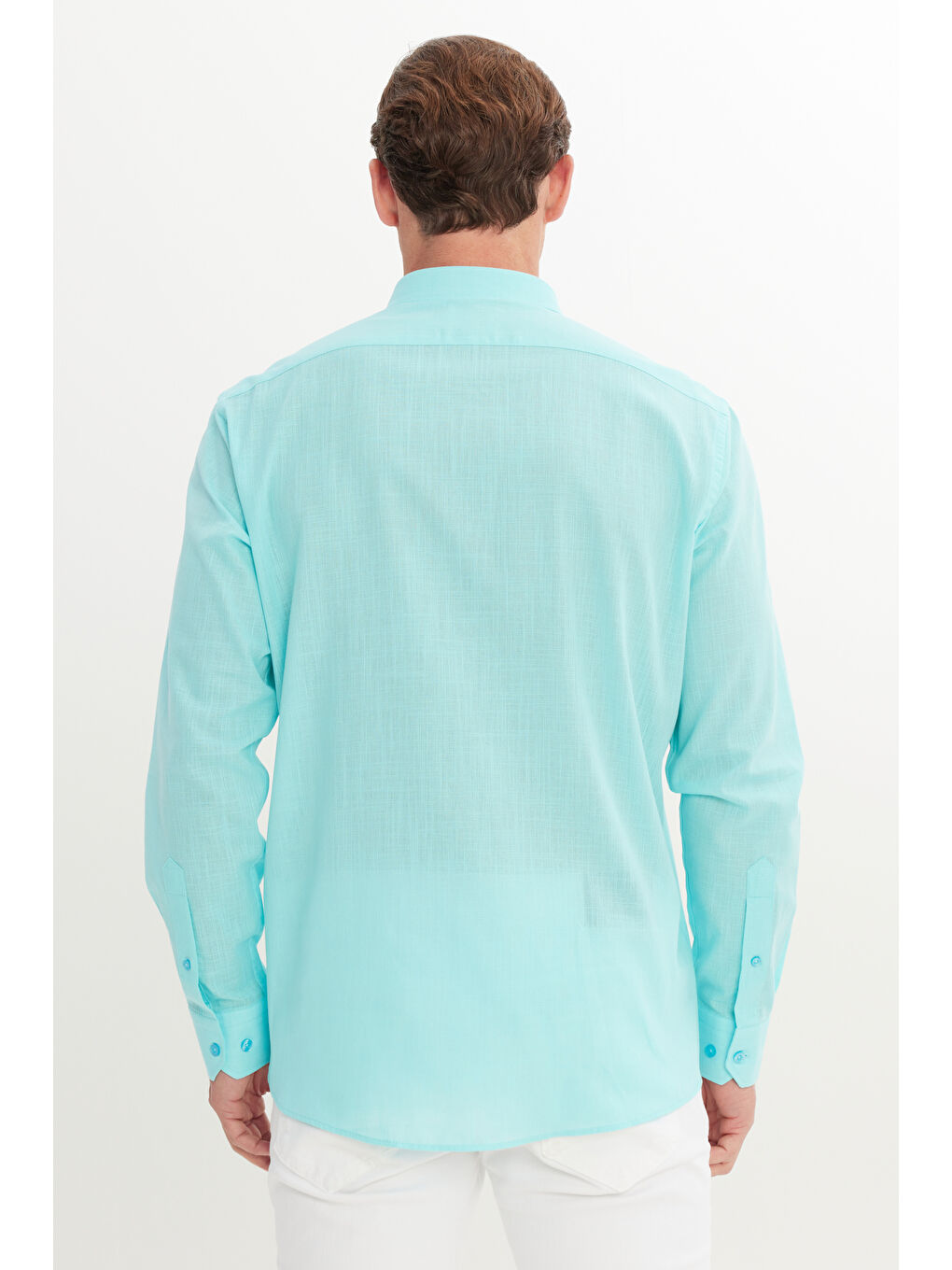 Erkek Turkuaz Comfort Fit Rahat Kesim Gizli Düğme Yaka %100 Pamuk Flamlı Gömlek-4