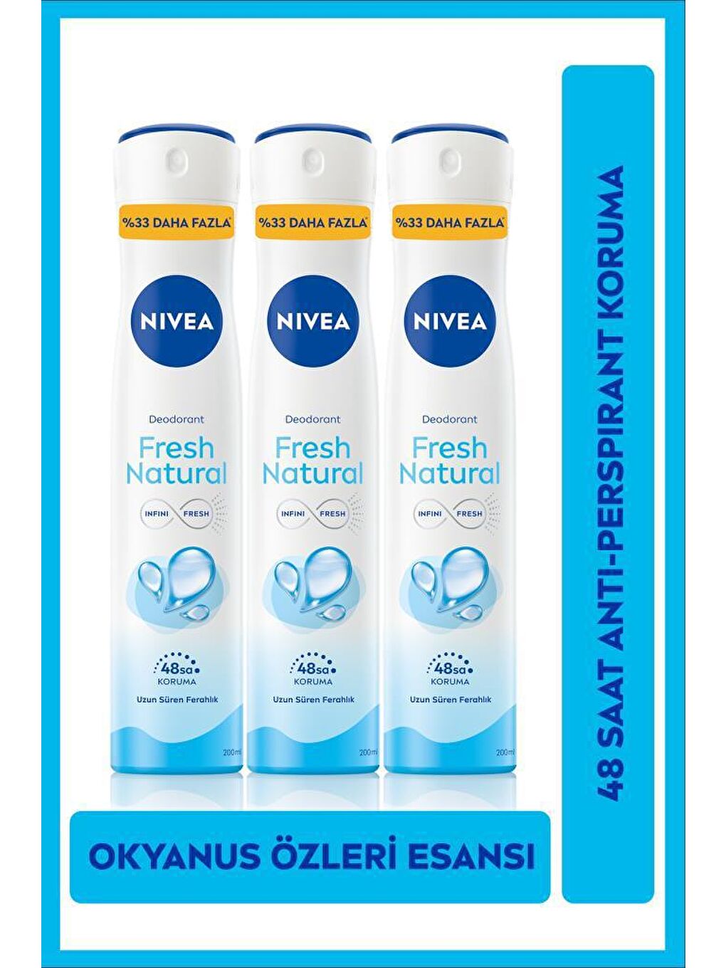 NIVEA Kadın Sprey Deodorant Fresh Natural Ter Kokusuna Karşı 48 Saat Deodorant Koruması 200mlx3Adet