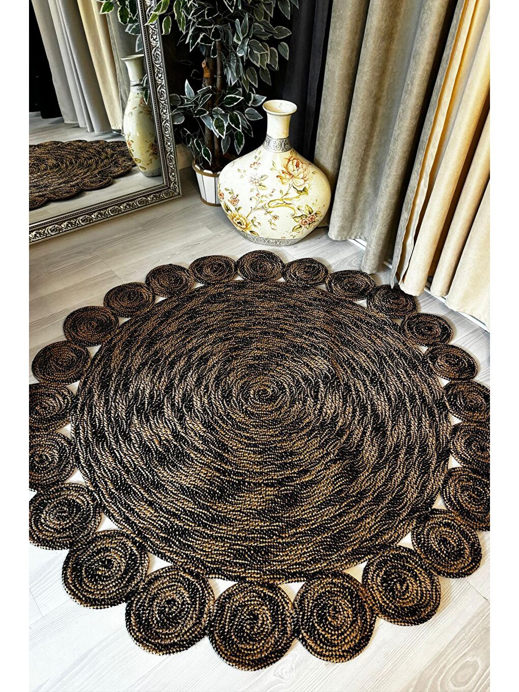 Bej Natural Jüt Halı El Dokuma Hasır Yolluk Bohem Jüt Kilim HMFJUT812 140 x 140 cm-1