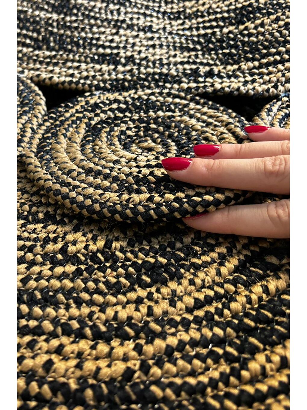 Bej Natural Jüt Halı El Dokuma Hasır Yolluk Bohem Jüt Kilim HMFJUT812 140 x 140 cm-5