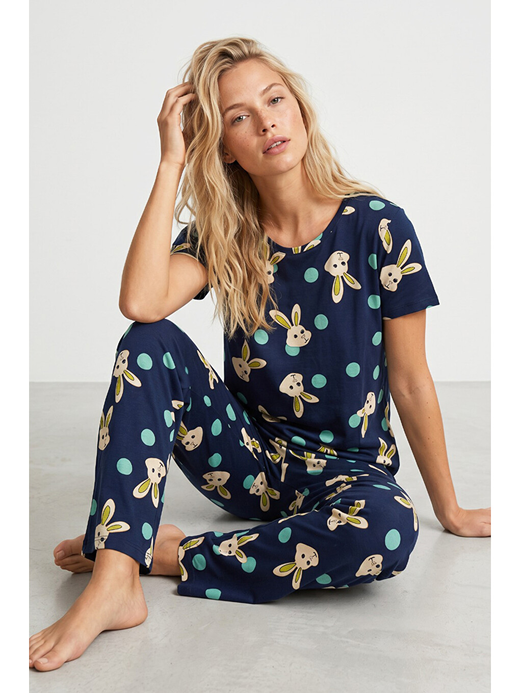 Lacivert Tavşan Desenli Pamuklu Örme Pijama Takım