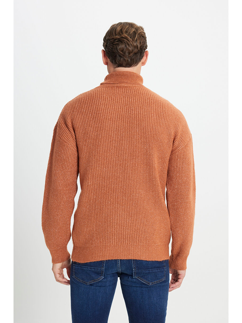 Kahverengi Erkek Tarçın Oversize Bol Kesim Tam Balıkçı Yaka Desenli Triko Kazak-4