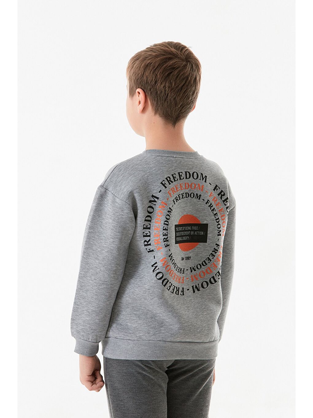 Gri 3 İplik Arkası Yazı Baskılı Bisiklet Yaka Erkek Çocuk Sweatshirt-2