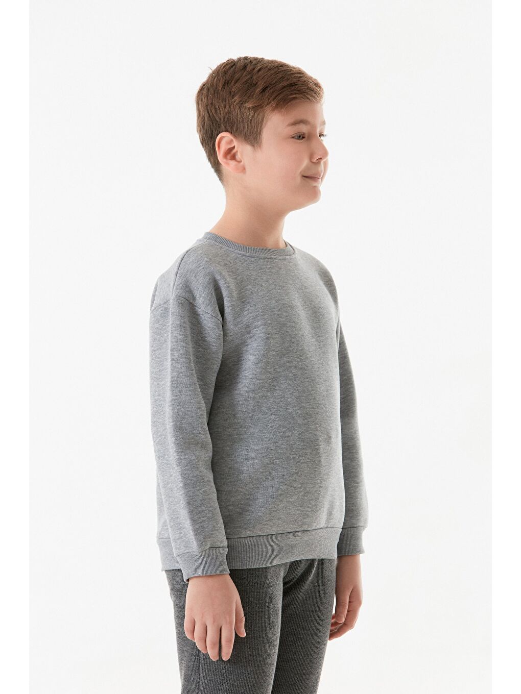 Gri 3 İplik Arkası Yazı Baskılı Bisiklet Yaka Erkek Çocuk Sweatshirt-3