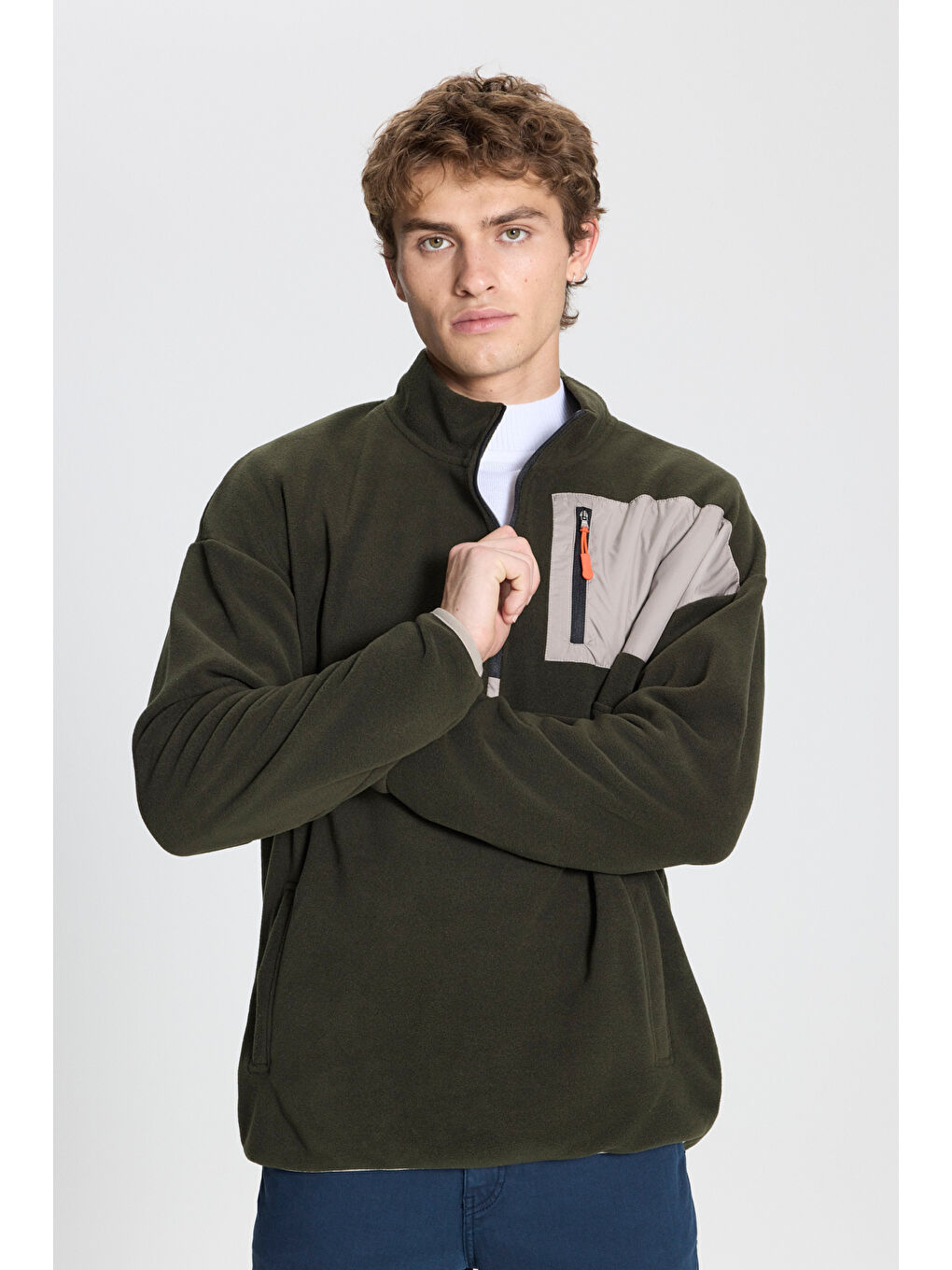 Erkek Haki Oversize Bol Kesim Bato Yaka Cep Detaylı Fermuarlı Soğuk Geçirmez Polar Sweatshirt