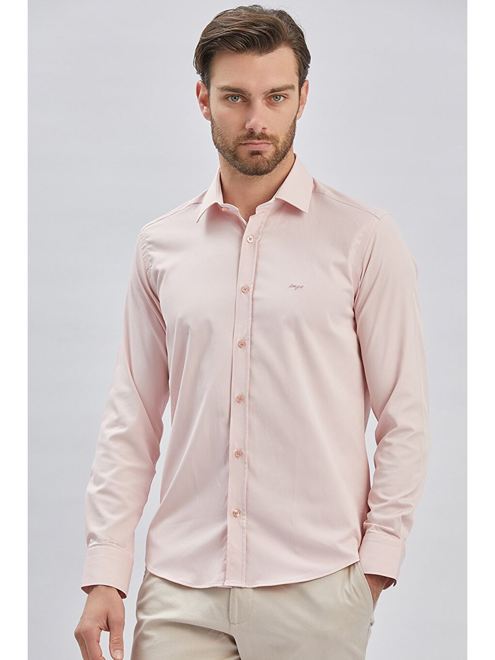 İMZA Pembe Somon Uzun Kollu Sert Yaka Cepsiz Pamuklu Elastanlı Klasik Slim Fit Dar Kesim Gömlek 1004240234