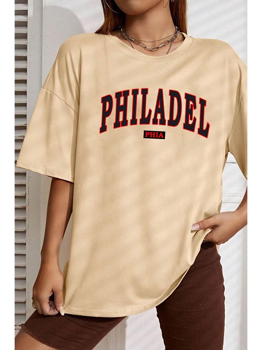 uyguntarz Bej Unisex Philadelphia Baskılı T-shirt