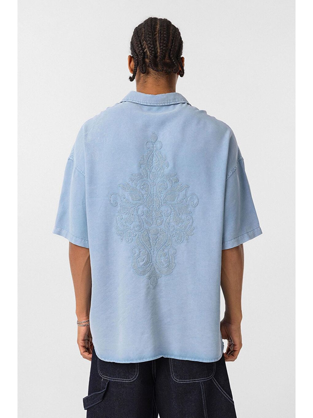 Arka Baskılı Oversize Gömlek Mavi-3