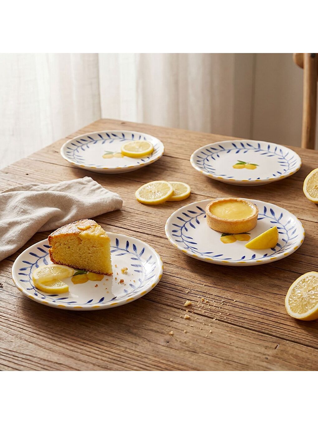 Ekru Limon Desenli 4lü Porselen Tatlı Tabağı Seti 17 cm-1
