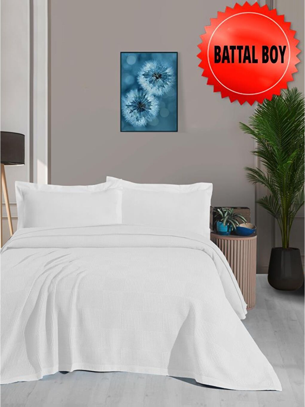Beyaz Waflle Desenli Pike Battaniye %100 Pamuk Kalın İplik Yumuşak Battal Boy 240 x 260