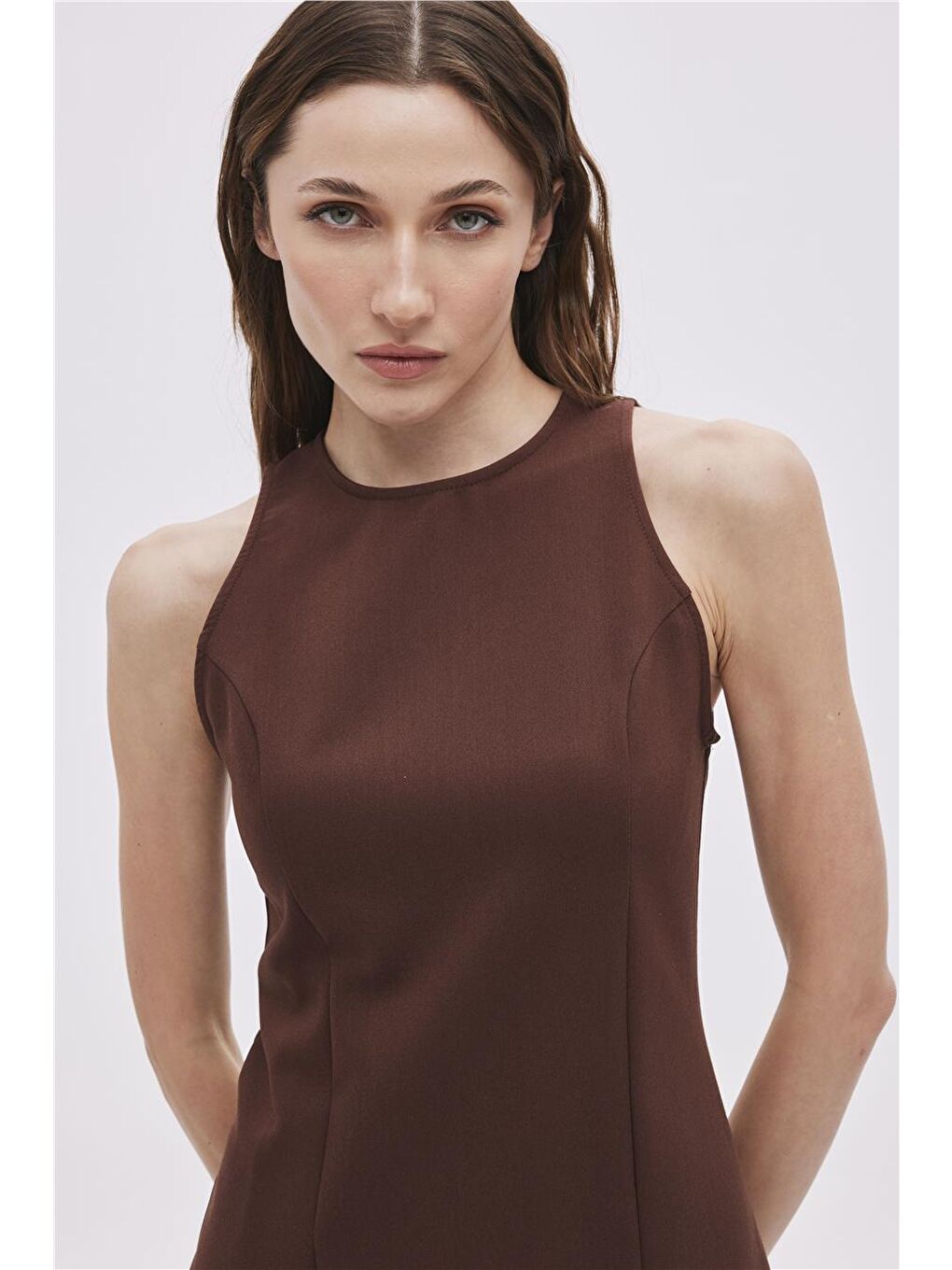 Kahverengi Kolsuz Mini Elbise-2