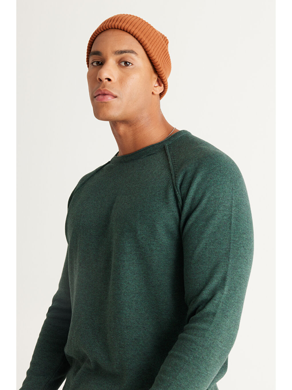 Erkek Yeşil Recycle Standart Fit Normal Kesim Bisiklet Yaka Pamuklu Muline Desenli Triko Kazak-1