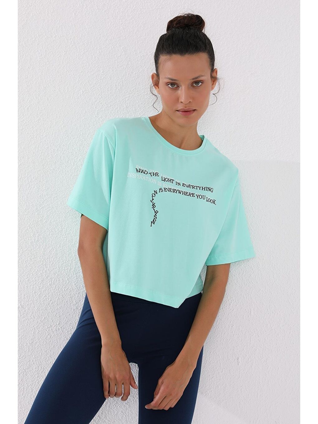 TOMMYLIFE Koyu Mint Yeşili Mint Yeşili Yazı Baskılı Kısa O Yaka Kadın Oversize  T-Shirt  - 97135 - 2