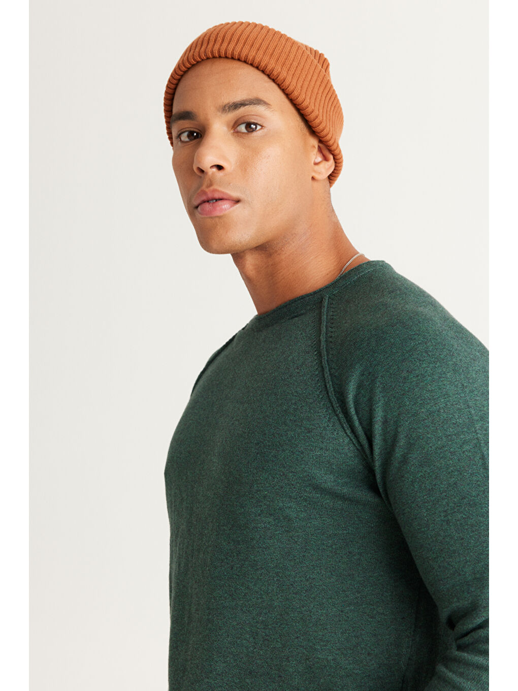 Erkek Yeşil Recycle Standart Fit Normal Kesim Bisiklet Yaka Pamuklu Muline Desenli Triko Kazak-2