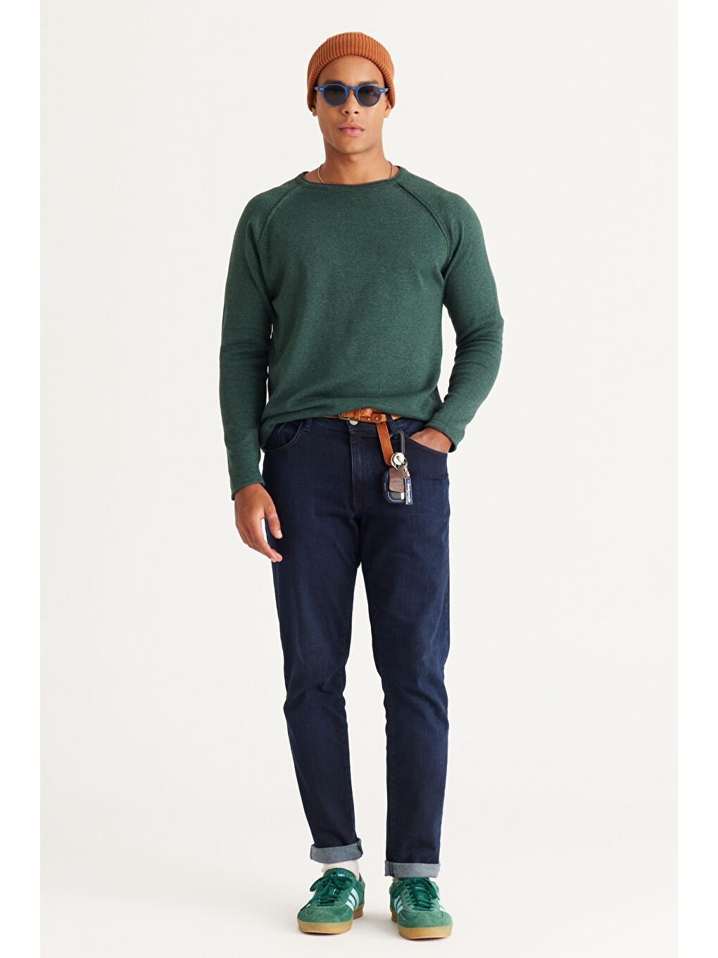 Erkek Yeşil Recycle Standart Fit Normal Kesim Bisiklet Yaka Pamuklu Muline Desenli Triko Kazak-3