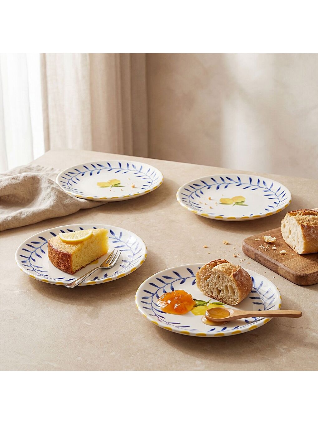 Ekru Limon Desenli 4lü Porselen Tatlı Tabağı Seti 17 cm-4