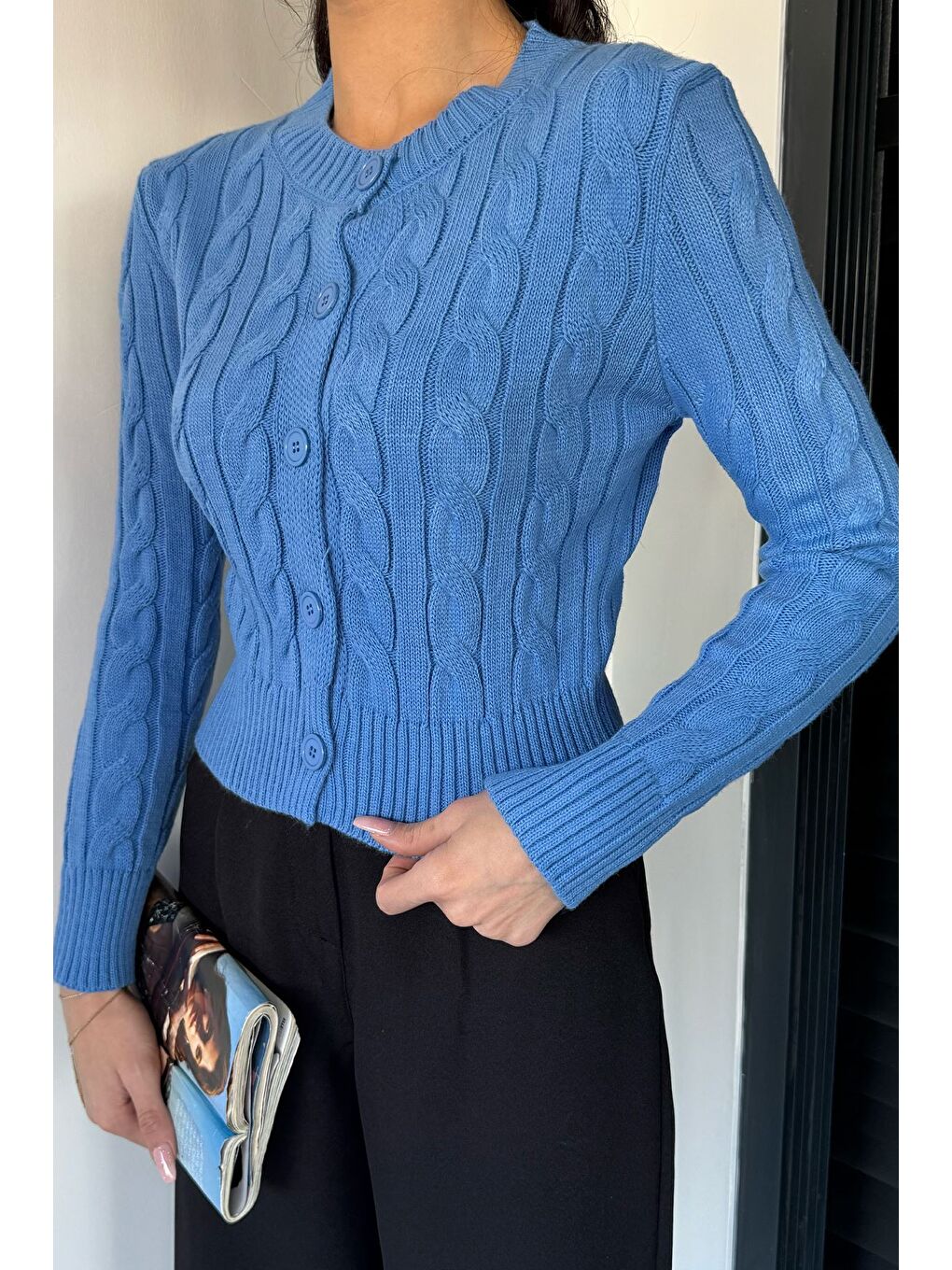 İndigo Örgü Desenli Kadın Triko Hırka (s,m,l Uyumludur)