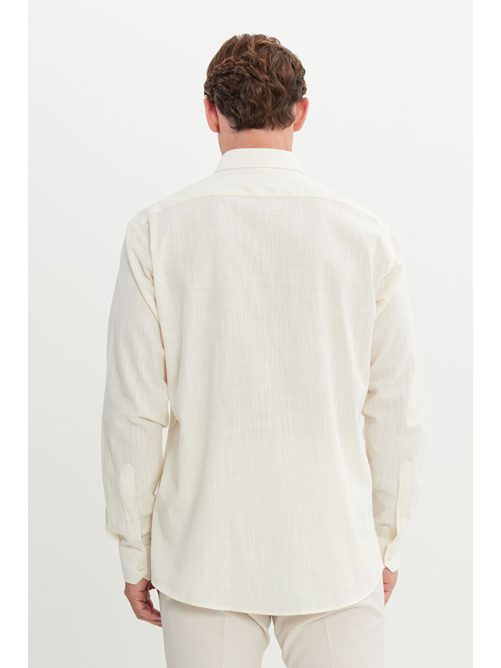 Erkek Ekru Comfort Fit Rahat Kesim Gizli Düğme Yaka %100 Pamuk Flamlı Gömlek-4