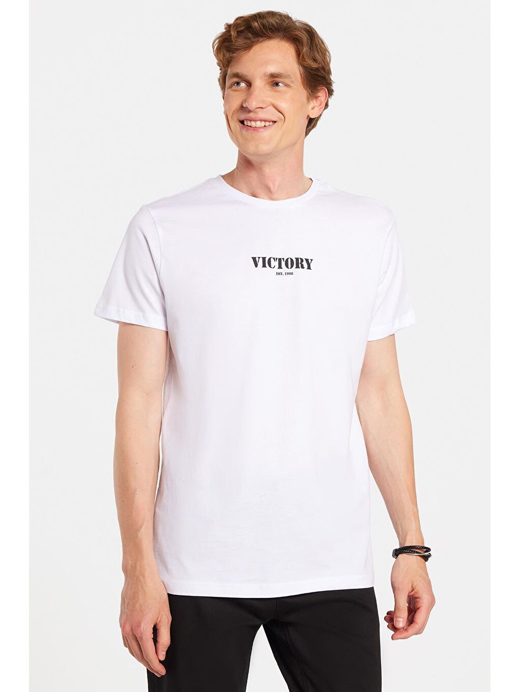 Erkek Slim Fit Dar Kesim %100 Pamuk Yumuşak Dokulu Baskılı Beyaz Bisiklet Yaka Tişört