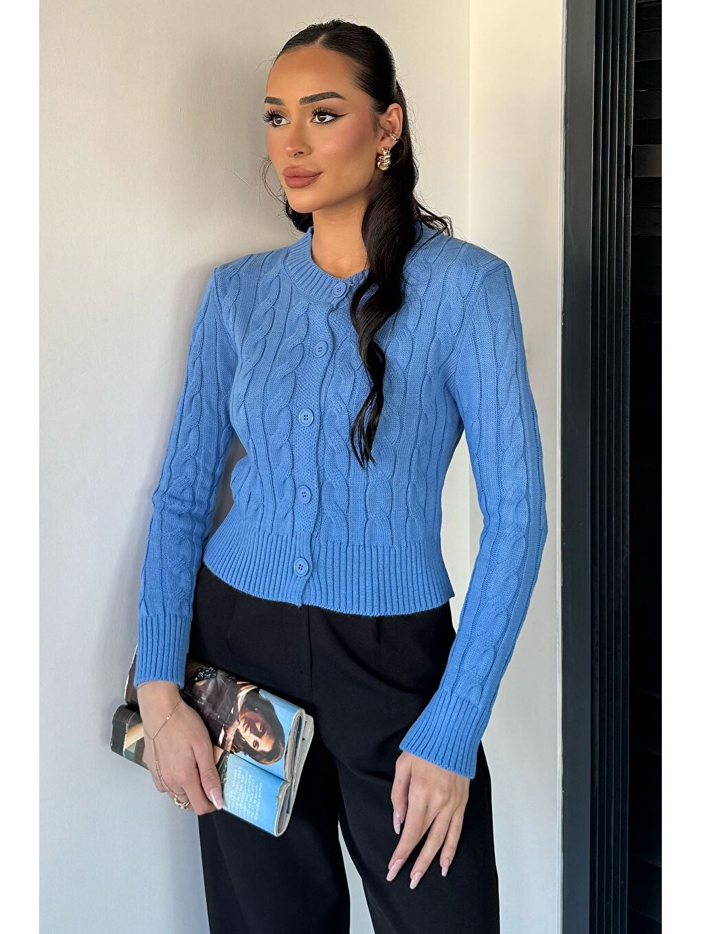 İndigo Örgü Desenli Kadın Triko Hırka (s,m,l Uyumludur)-2