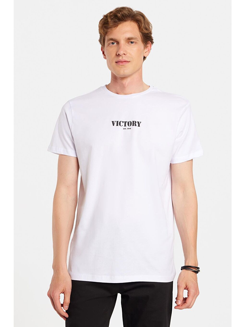 Erkek Slim Fit Dar Kesim %100 Pamuk Yumuşak Dokulu Baskılı Beyaz Bisiklet Yaka Tişört-3