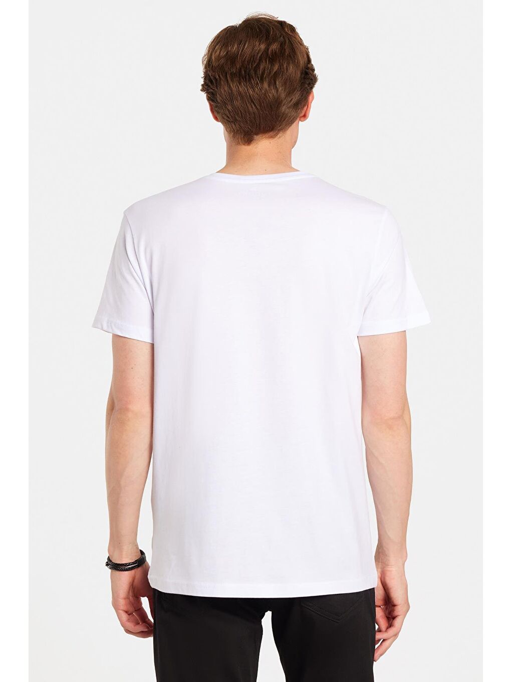 Erkek Slim Fit Dar Kesim %100 Pamuk Yumuşak Dokulu Baskılı Beyaz Bisiklet Yaka Tişört-4