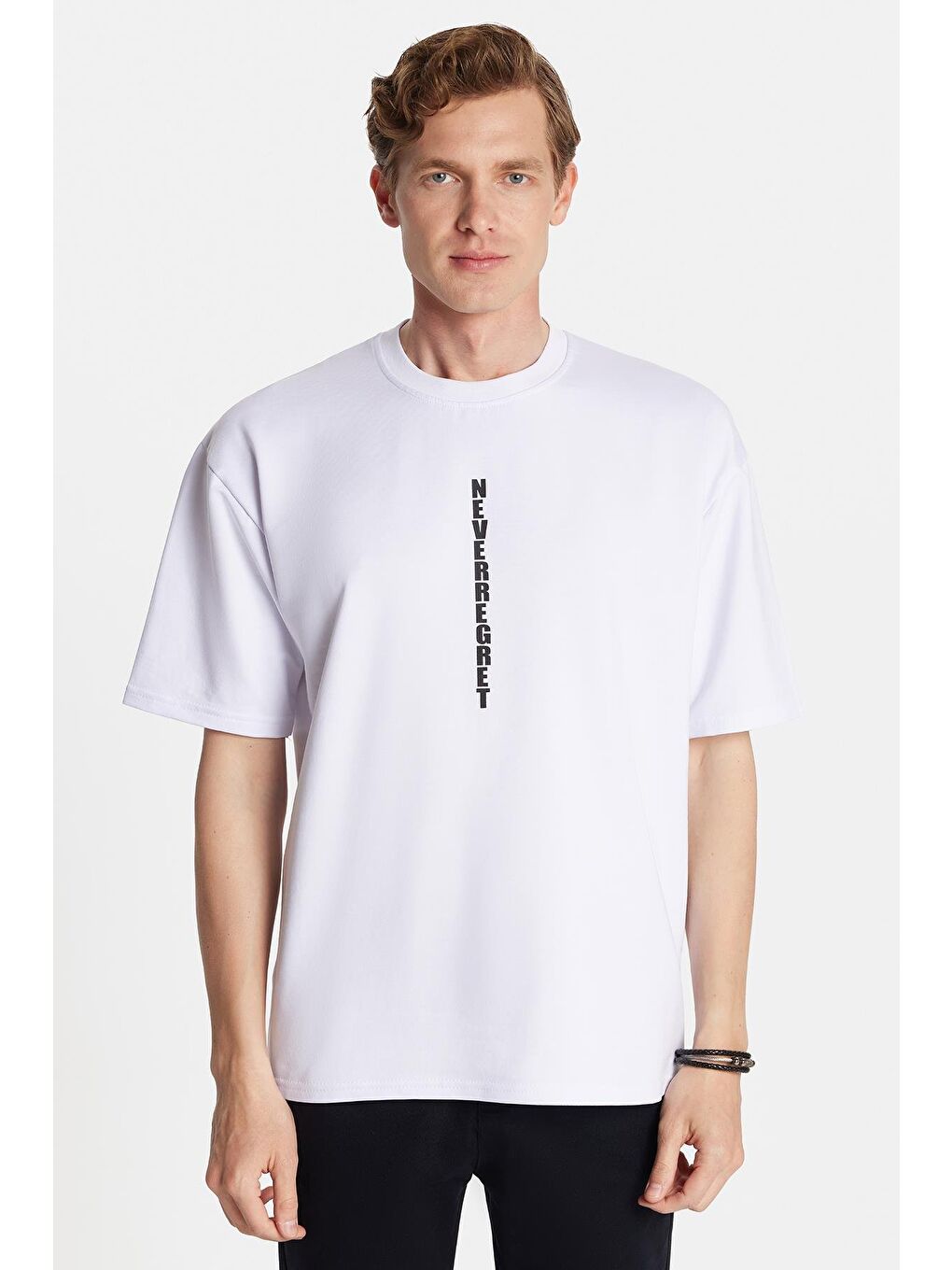 Erkek Oversize Geniş Kesim Pamuklu Baskılı Bisiklet Yaka Beyaz Tişört