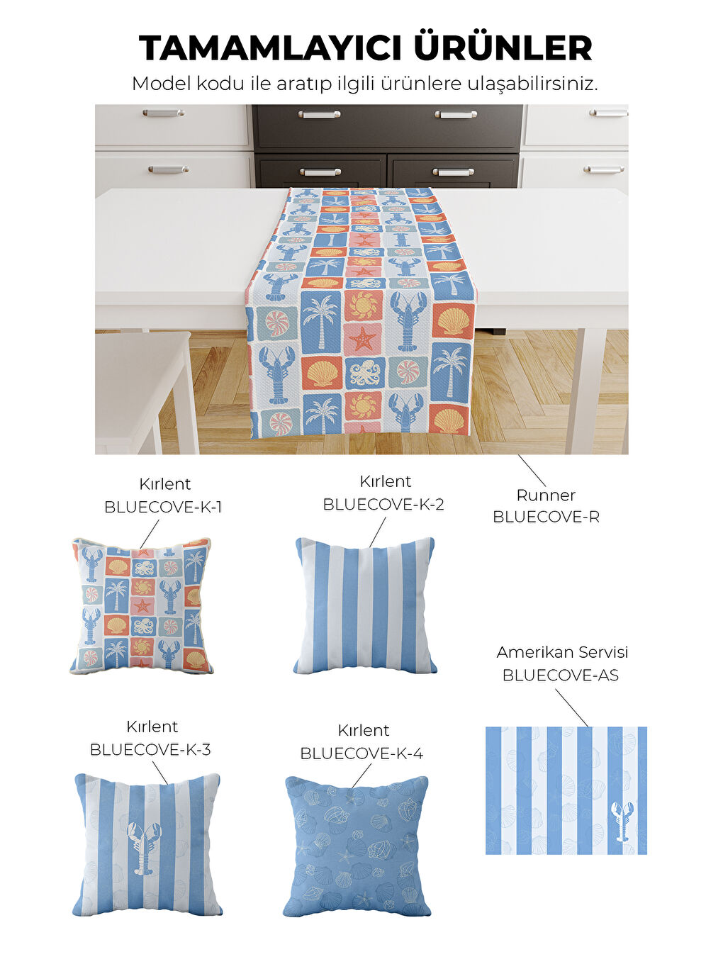 Bluecove Deniz Kabuğu ve Lobster Desenli Deniz Temalı 2’li Amerikan Servis Seti Mavİ-Beyaz-2