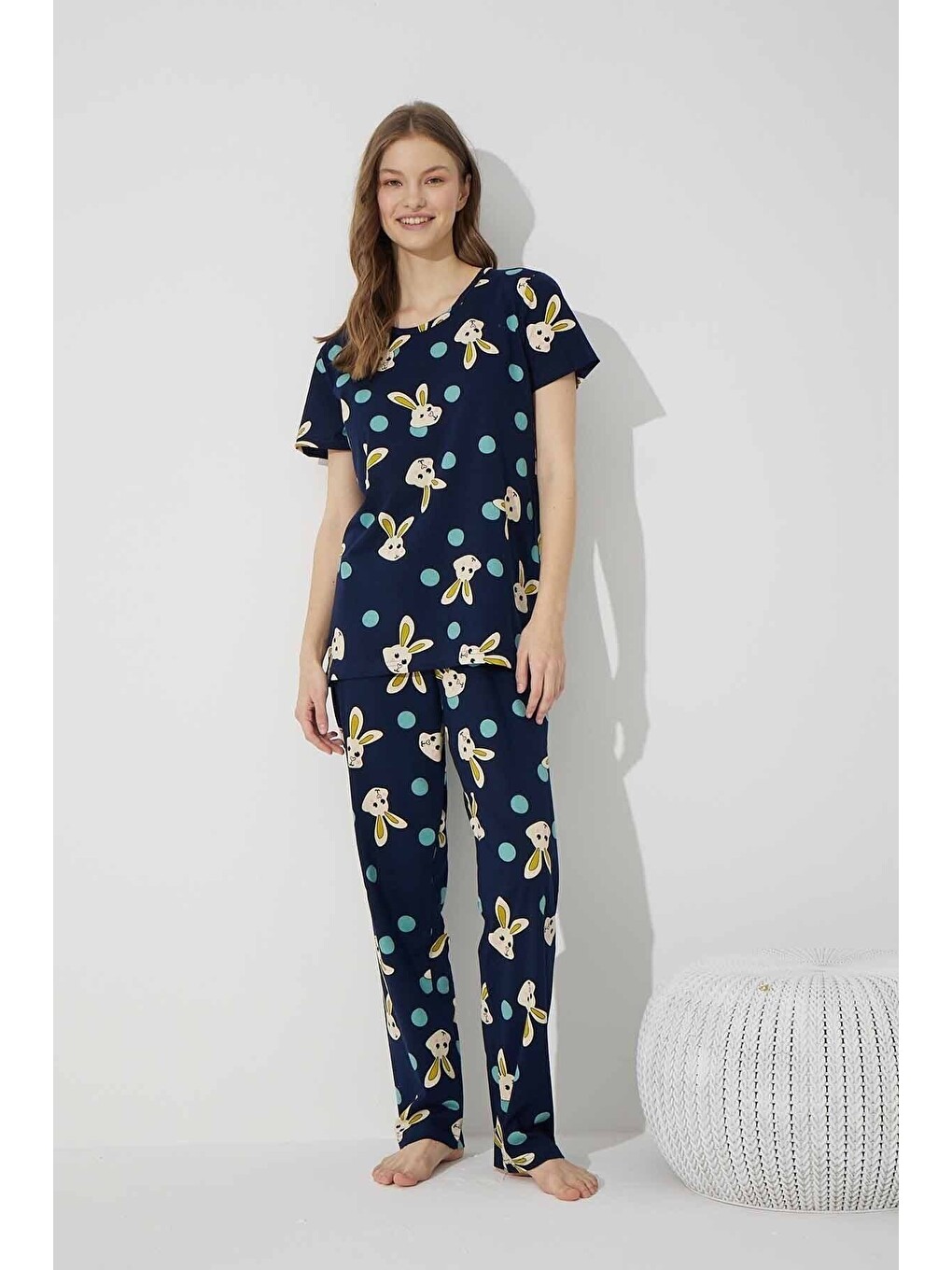 Lacivert Tavşan Desenli Pamuklu Örme Pijama Takım-1