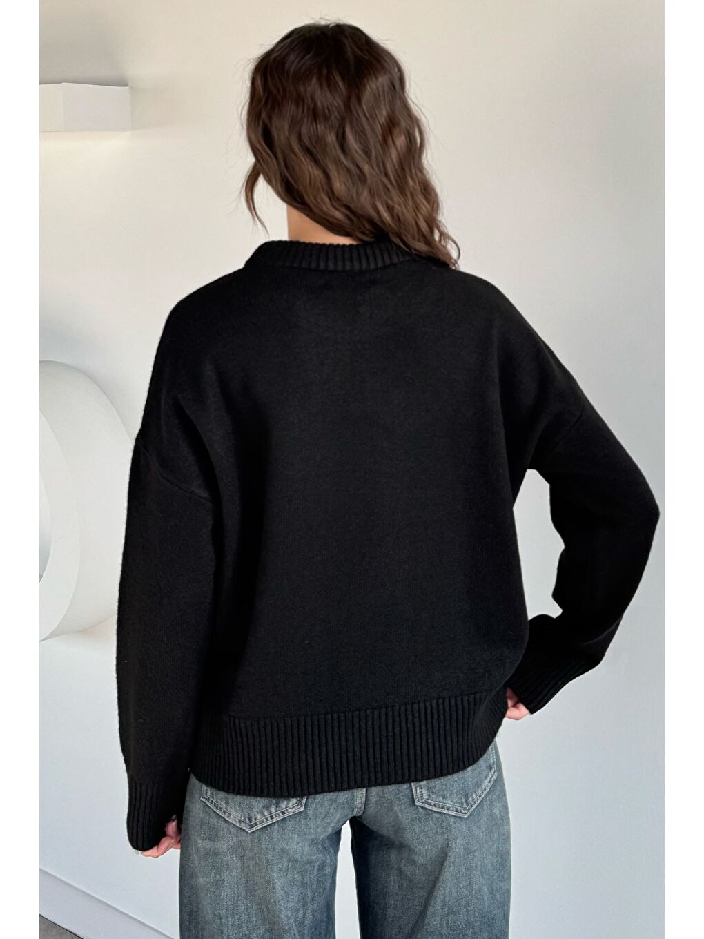 Siyah Kadın Bisiklet Yaka Fular Aksesuarlı Triko Kazak-3