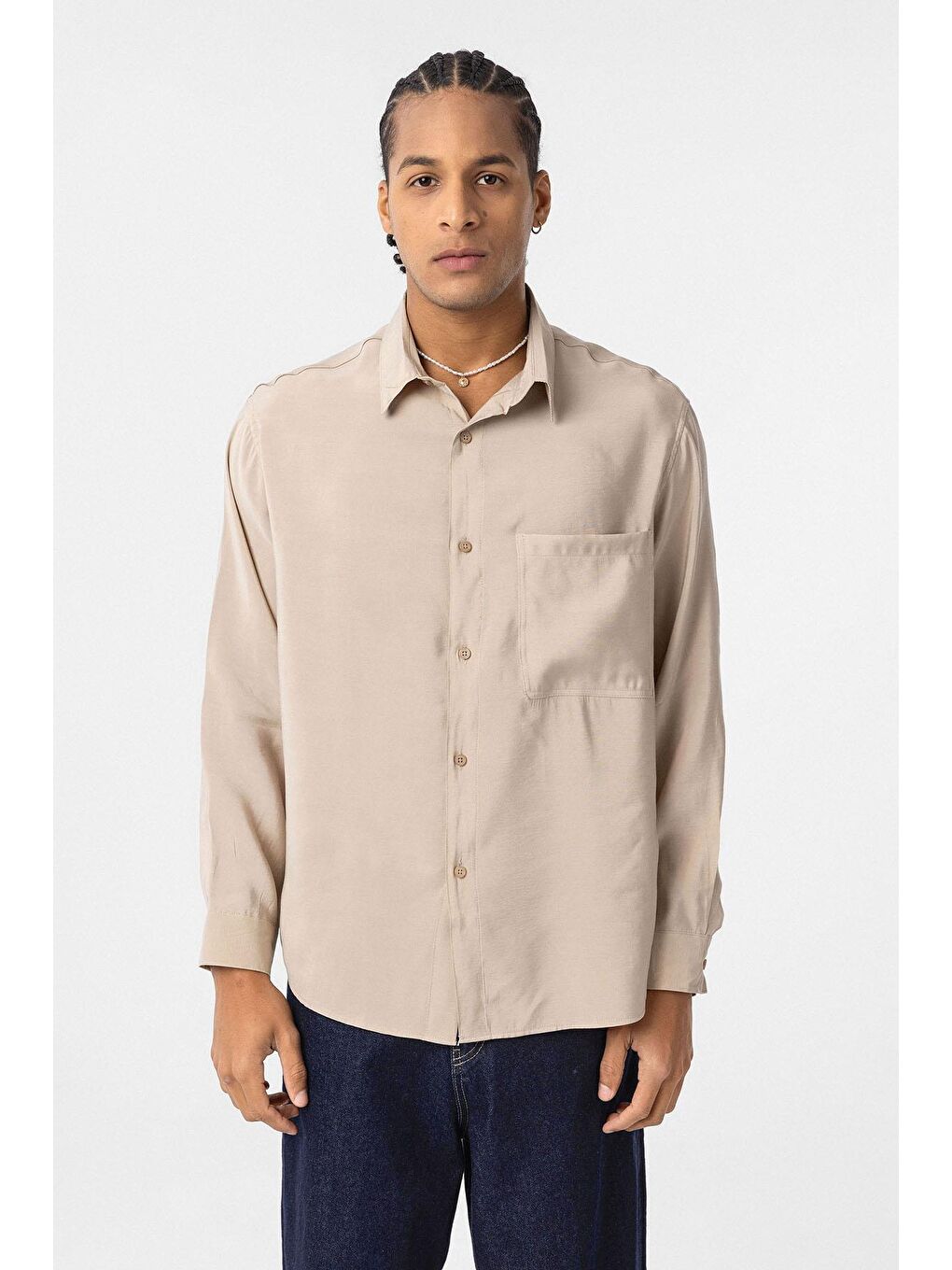 Oversize Uzun Kollu Tek Cepli Modal Kumaş Gömlek Bej-2