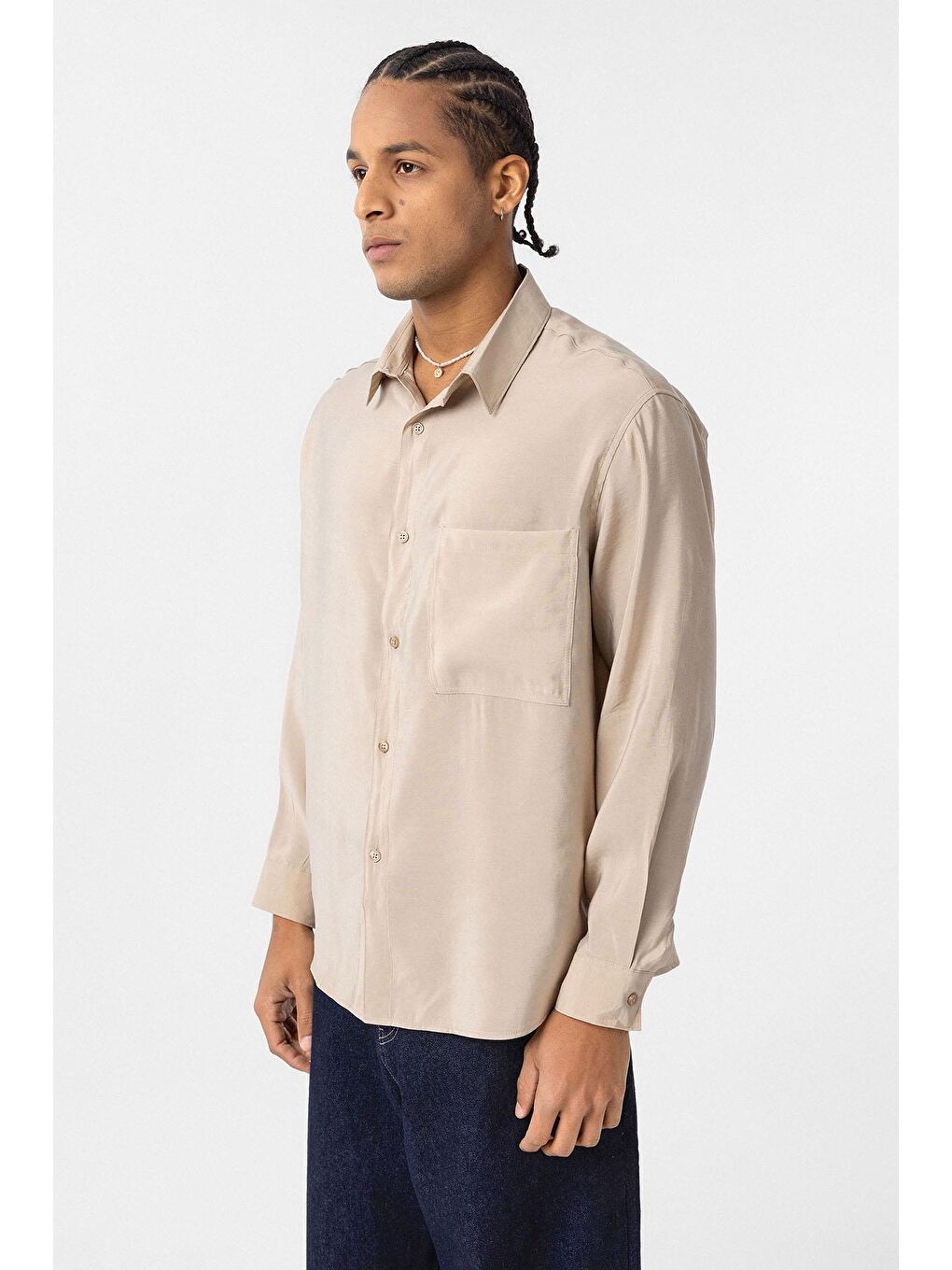 Oversize Uzun Kollu Tek Cepli Modal Kumaş Gömlek Bej-3