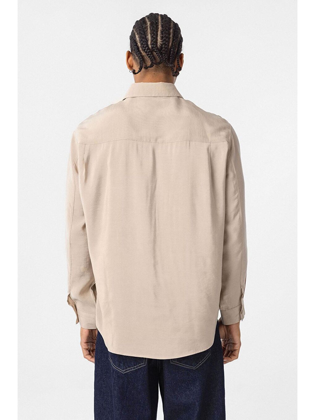 Oversize Uzun Kollu Tek Cepli Modal Kumaş Gömlek Bej-5